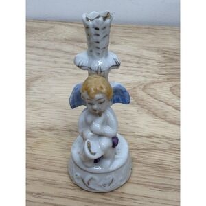 Vintage/Antique Porcelain Hand Painted Bud Vase Cherub w/Saxophone Gold 3.5"#AA